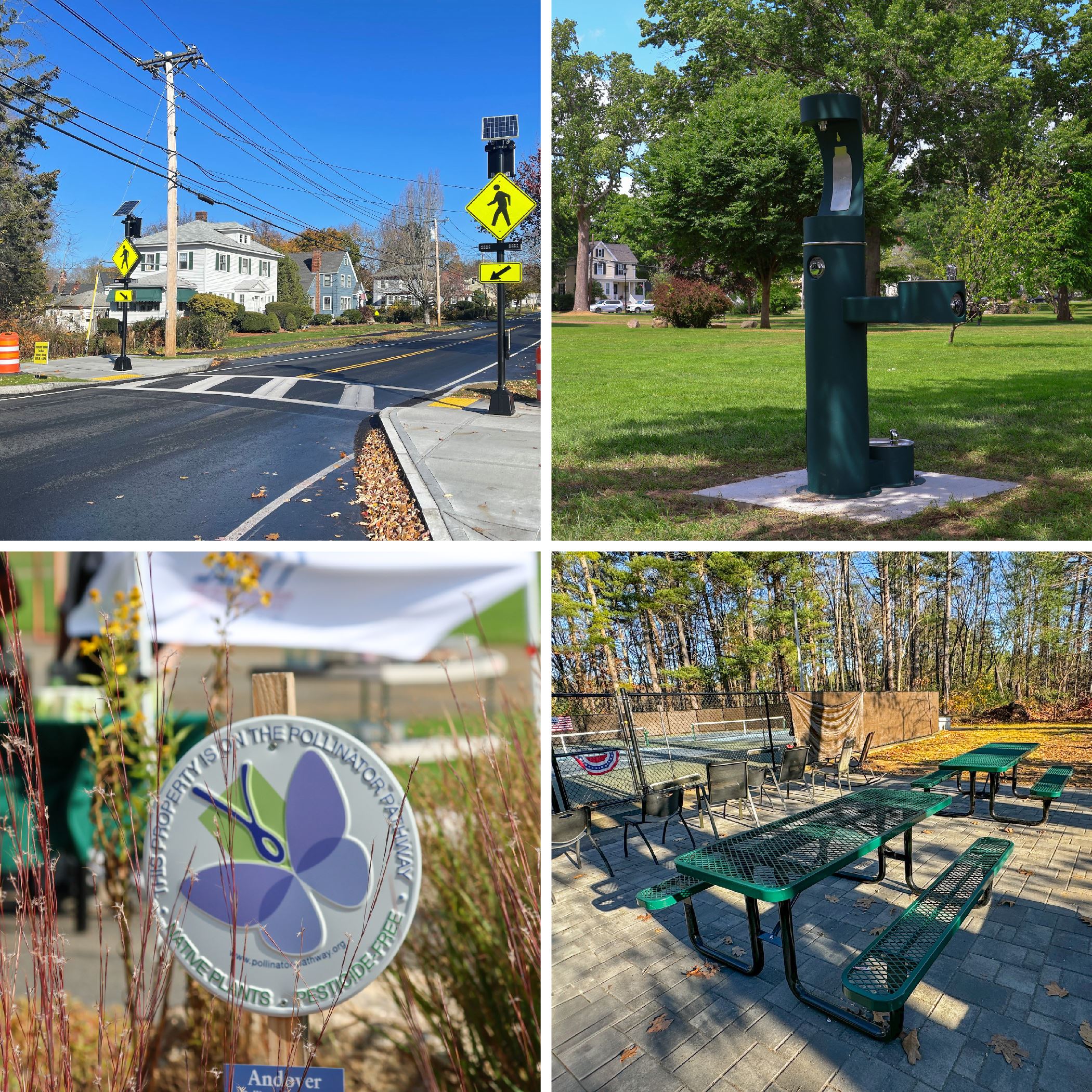 Four images showing a crosswalk, water fountain, pollinator garden, & picnic table