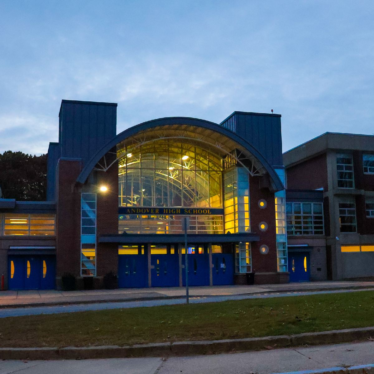 Exterior of Andover High School at night