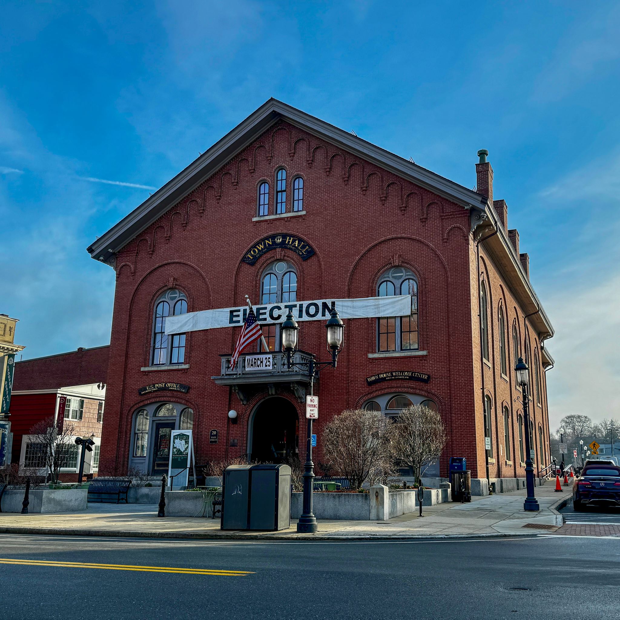 Old Town Hall with a banner reading 
