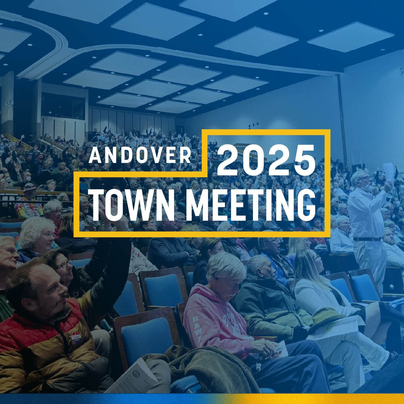 2025 Town Meeting Logo overlaid over image of crowd at a town meeting